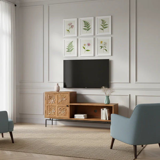 Tatvaacasa Hand-Carved Solid Wood TV Unit with Storage Cabinet & Open Shelf