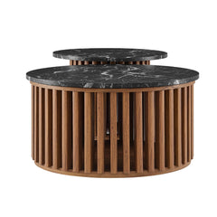 Round Marble Top Nesting Coffee Table Set in Walnut Black