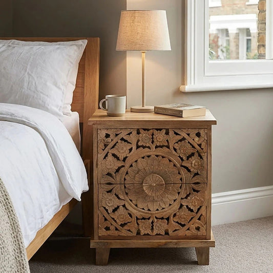 Solid Mango Wood Mandala Carved 2 Drawer Bedside Cabinet