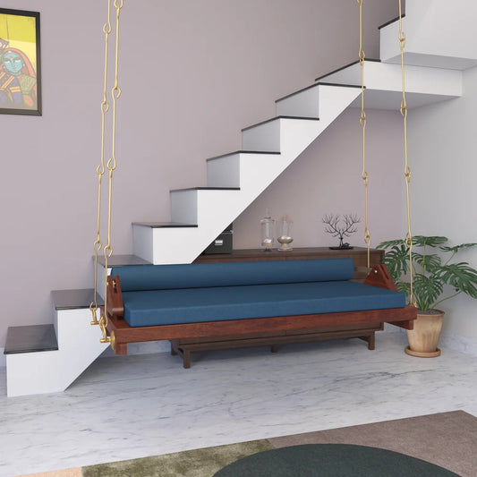 Wooden Swing with Blue Cushions
