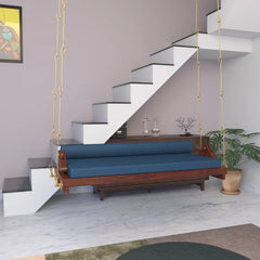 Wooden Swing with Blue Cushions