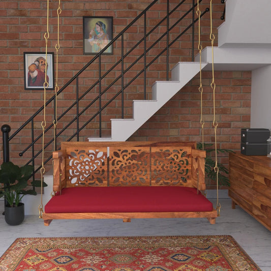 Carved Back Designed Red Upholstery Handmade Swing for Home