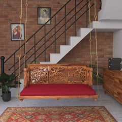 Carved Back Designed Red Upholstery Handmade Swing for Home