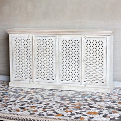 Hand Carved Solid Wooden Sideboard Whitewash