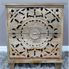 Solid Mango Wood Mandala Carved 2 Drawer Bedside Cabinet