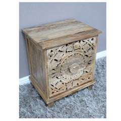 Solid Mango Wood Mandala Carved 2 Drawer Bedside Cabinet