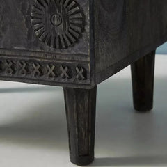 Black Hand-Carved Wooden Bedside Table