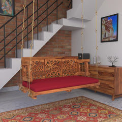 Carved Back Designed Red Upholstery Handmade Swing for Home