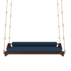 Wooden Swing with Blue Cushions