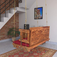 Carved Back Designed Red Upholstery Handmade Swing for Home