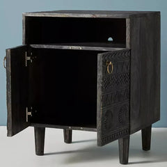 Black Hand-Carved Wooden Bedside Table