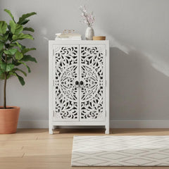 Carved Mango Wood Cabinet, White Boho Nightstand