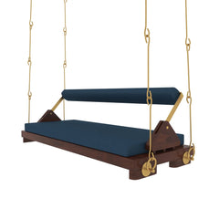 Wooden Swing with Blue Cushions
