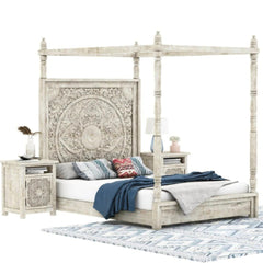 Hand-Carved Solid Mango Wood Canopy Bed