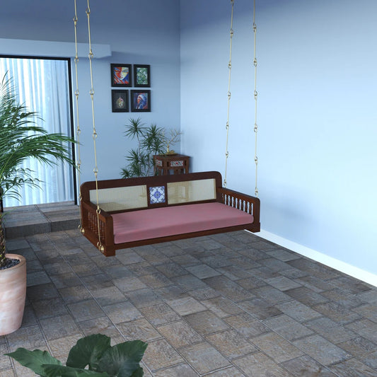 Wooden Swing with Cane Backrest and Cushioned Seating
