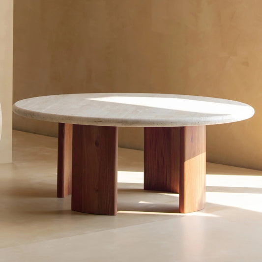 Round Wooden Marble Top Coffee Table