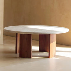 Round Wooden Marble Top Coffee Table