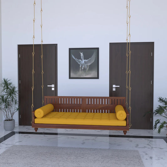 Wooden Swing with Slatted Backrest and Plush Yellow Cushion