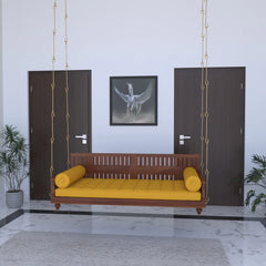 Wooden Swing with Slatted Backrest and Plush Yellow Cushion