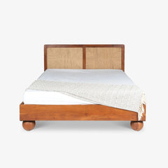 Tatvaacasa Queen Size Wooden Bed with Woven Cane Back
