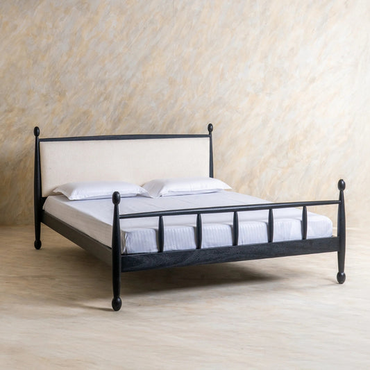 Solid Wood Bed with Upholstered Headboard | Modern Wooden Bed Frame for Bedroom