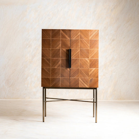 Tatvaacasa Geometric Pattern Wooden Bar Cabinet with Metal Stand – Natural Finish