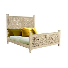 Hand Carved Wooden Bed – White & Dark Brown