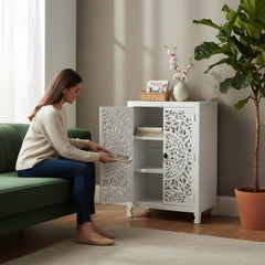 Carved Mango Wood Cabinet, White Boho Nightstand