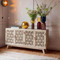 Solid Mango Wood Hand Carved Sideboard & Cabinet