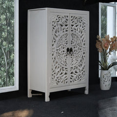 Carved Mango Wood Cabinet, White Boho Nightstand