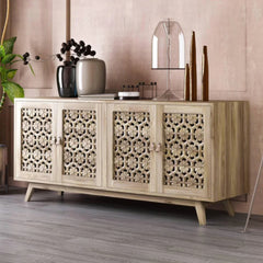 Solid Mango Wood Hand Carved Sideboard & Cabinet