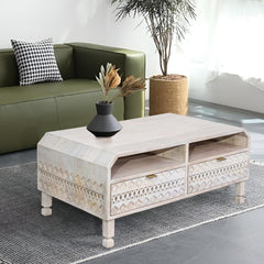Wooden Centre Coffee Table with 4 Channeled Drawers