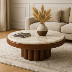 Round Walnut Finish Marble Top Coffee Table