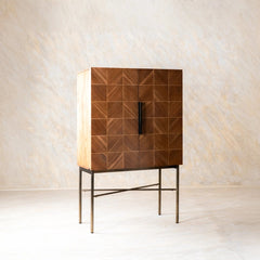 Tatvaacasa Geometric Pattern Wooden Bar Cabinet with Metal Stand – Natural Finish