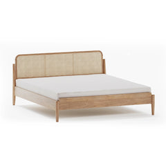 Solid Wood Bed with Cane Webbing Headboard – Natural Finish Wooden Double Bed for Bedroom