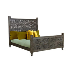 Hand Carved Wooden Bed – White & Dark Brown