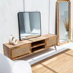 Rattan 2 Doors TV Console (Solid Wood & Cane )