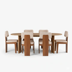 Solid Wood 6 Seater Oval Dining Table Set with Upholstered Chairs for Living & Dining Room