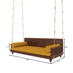 Wooden Swing with Slatted Backrest and Plush Yellow Cushion