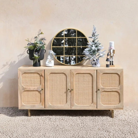 Tatvaacasa Cane Front Solid Wood TV Unit with Storage Cabinet