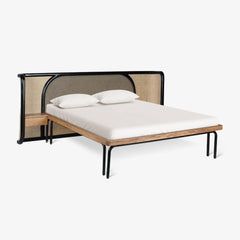 Tatvaacasa Modern Queen Bed with Cane Back & Metal Frame – Natural Wood Finish