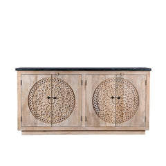 Carved Acacia Wood Sideboard with Black Marble