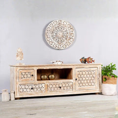 Hand‑Carved Solid Mango Wood TV Unit