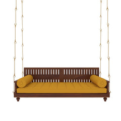 Wooden Swing with Slatted Backrest and Plush Yellow Cushion