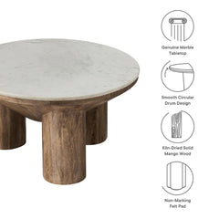 Tatvaacasa 33" Round Wood Coffee Table With Marble Top in Walnut