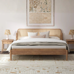 Solid Wood Bed with Cane Webbing Headboard – Natural Finish Wooden Double Bed for Bedroom