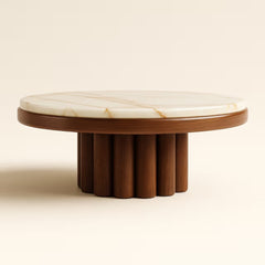 Round Walnut Finish Marble Top Coffee Table