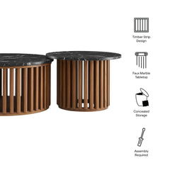 Round Marble Top Nesting Coffee Table Set in Walnut Black