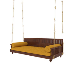 Wooden Swing with Slatted Backrest and Plush Yellow Cushion