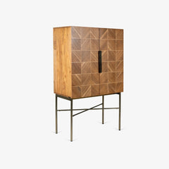 Tatvaacasa Geometric Pattern Wooden Bar Cabinet with Metal Stand – Natural Finish